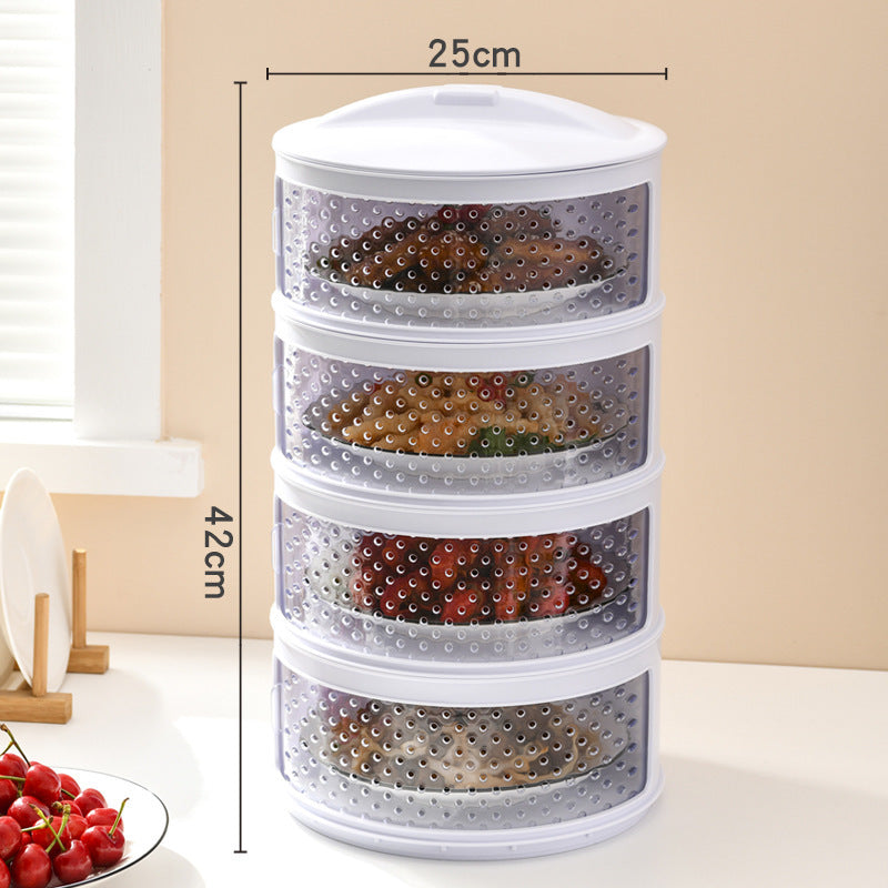 Three-tiered food steamer with dimensions on a neutral background