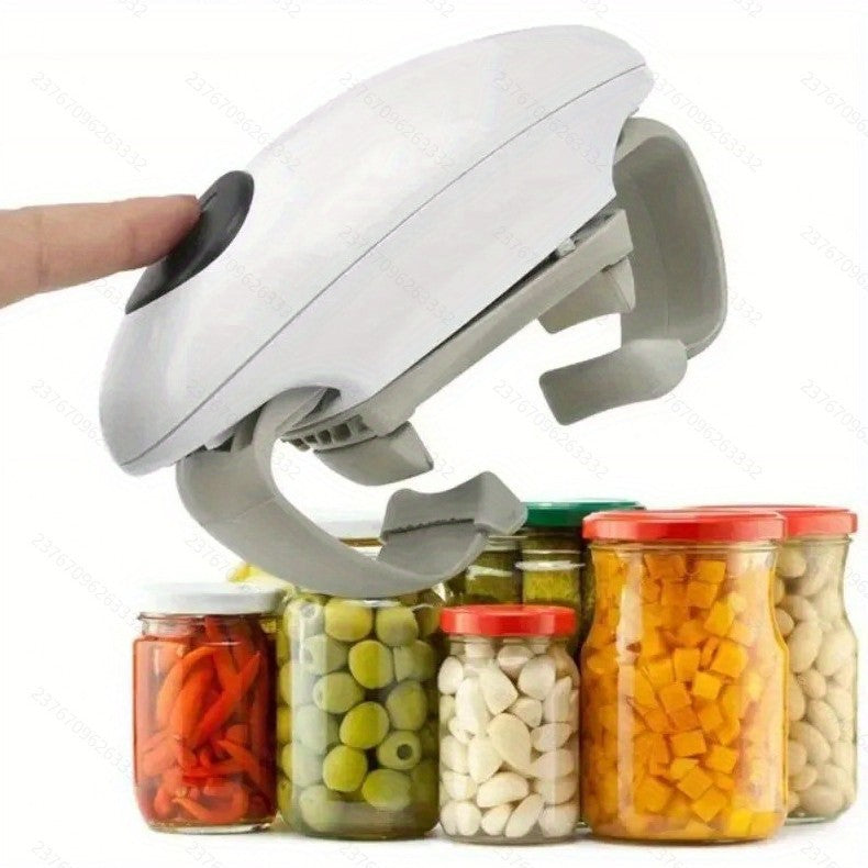 Manual can opener being used on a row of jars with various foods.