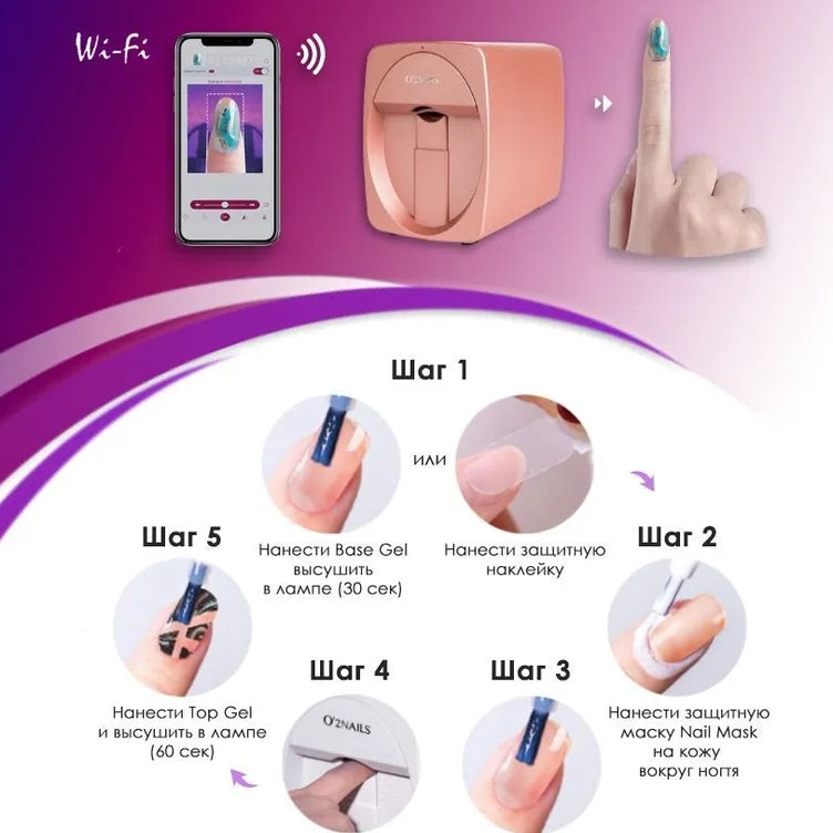 Step-by-step guide for a nail care process with a smartphone app interface and product images.