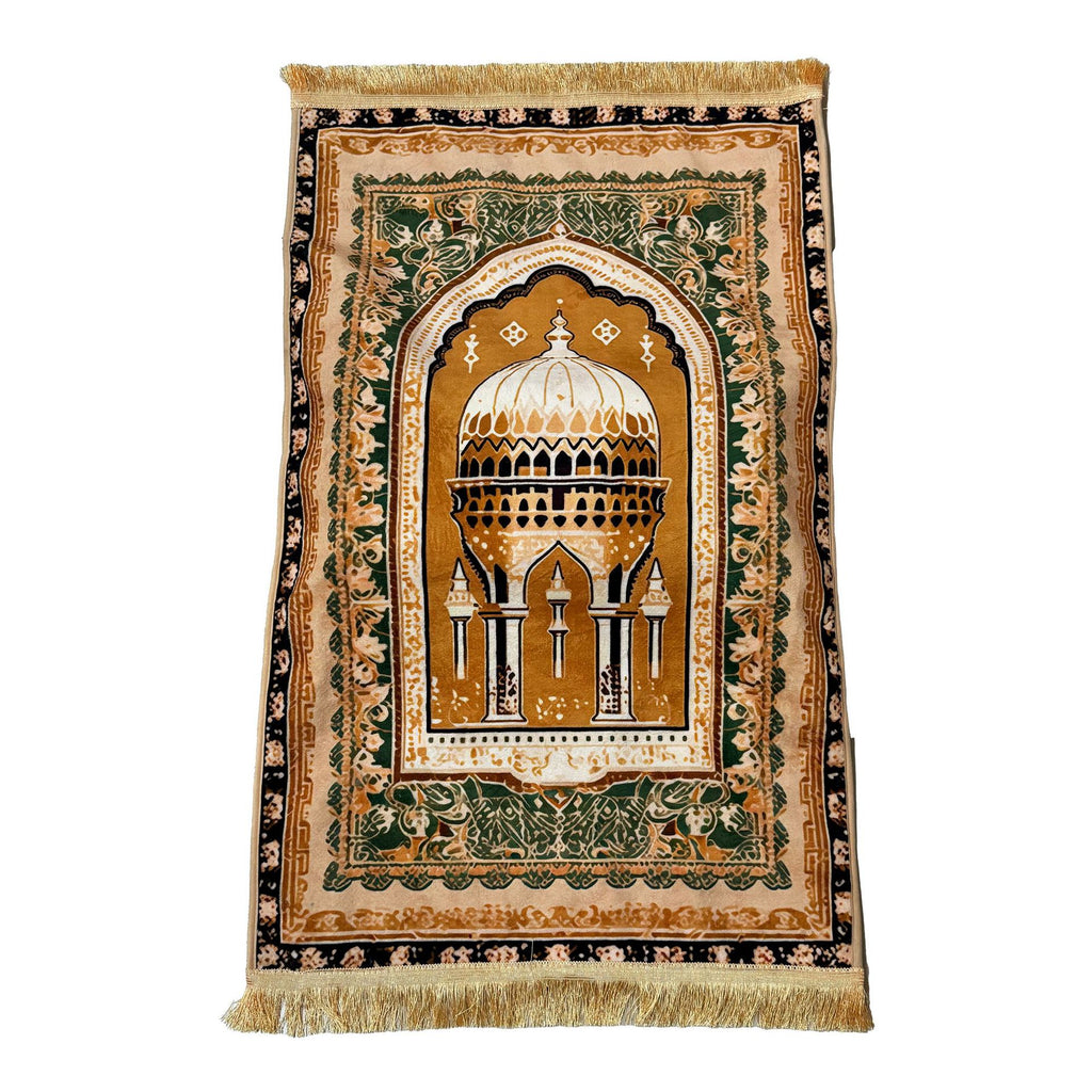 Decorative prayer rug with architectural design on a white background