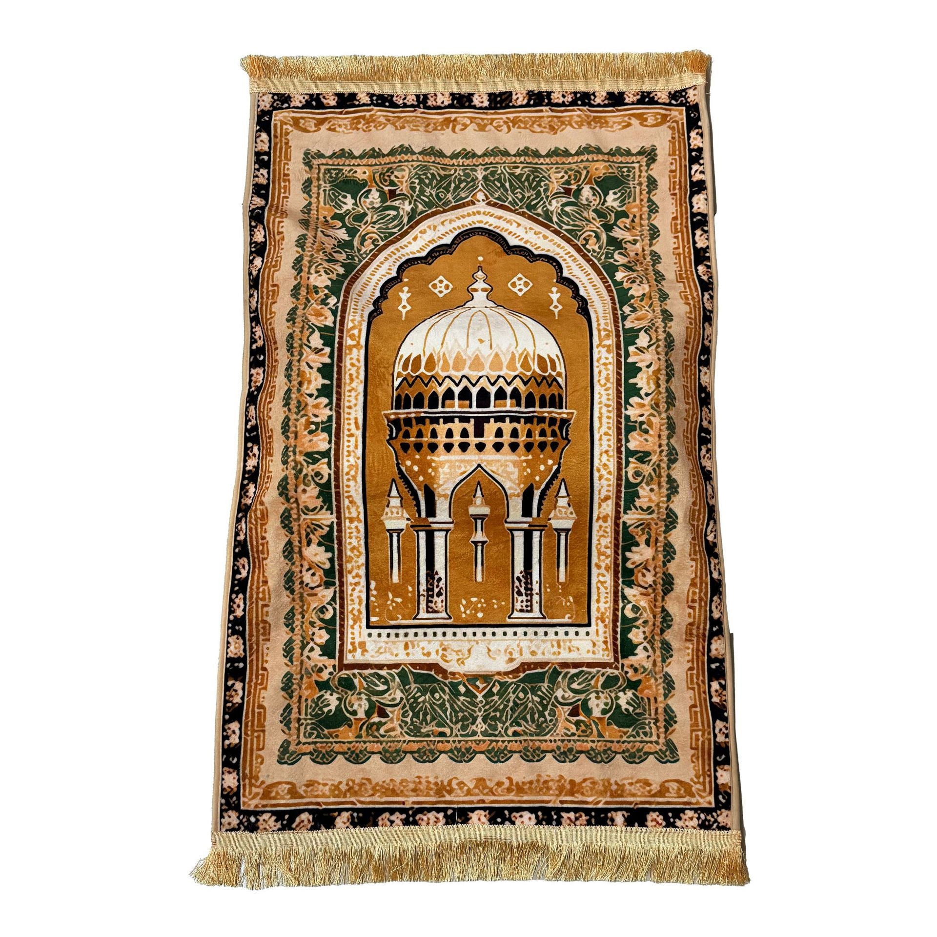 Decorative prayer rug with architectural design on a white background