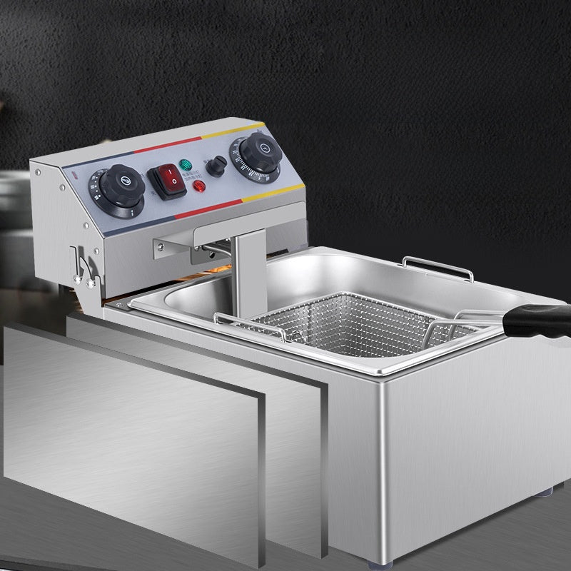 Stainless steel deep fryer with control panel on a dark background