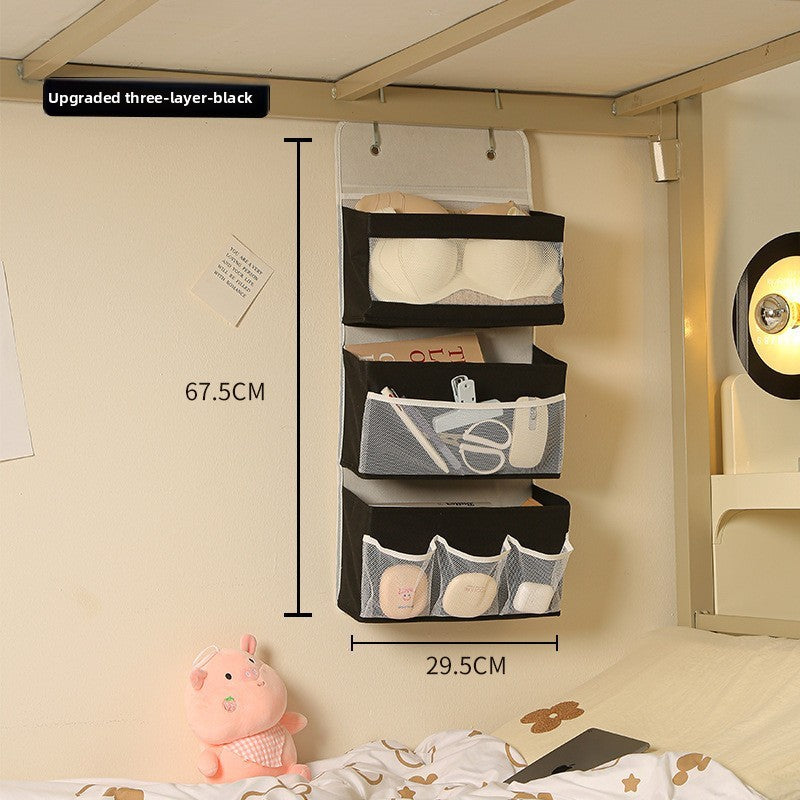 Hanging multi-layered organizer with measurements in a bedroom setting