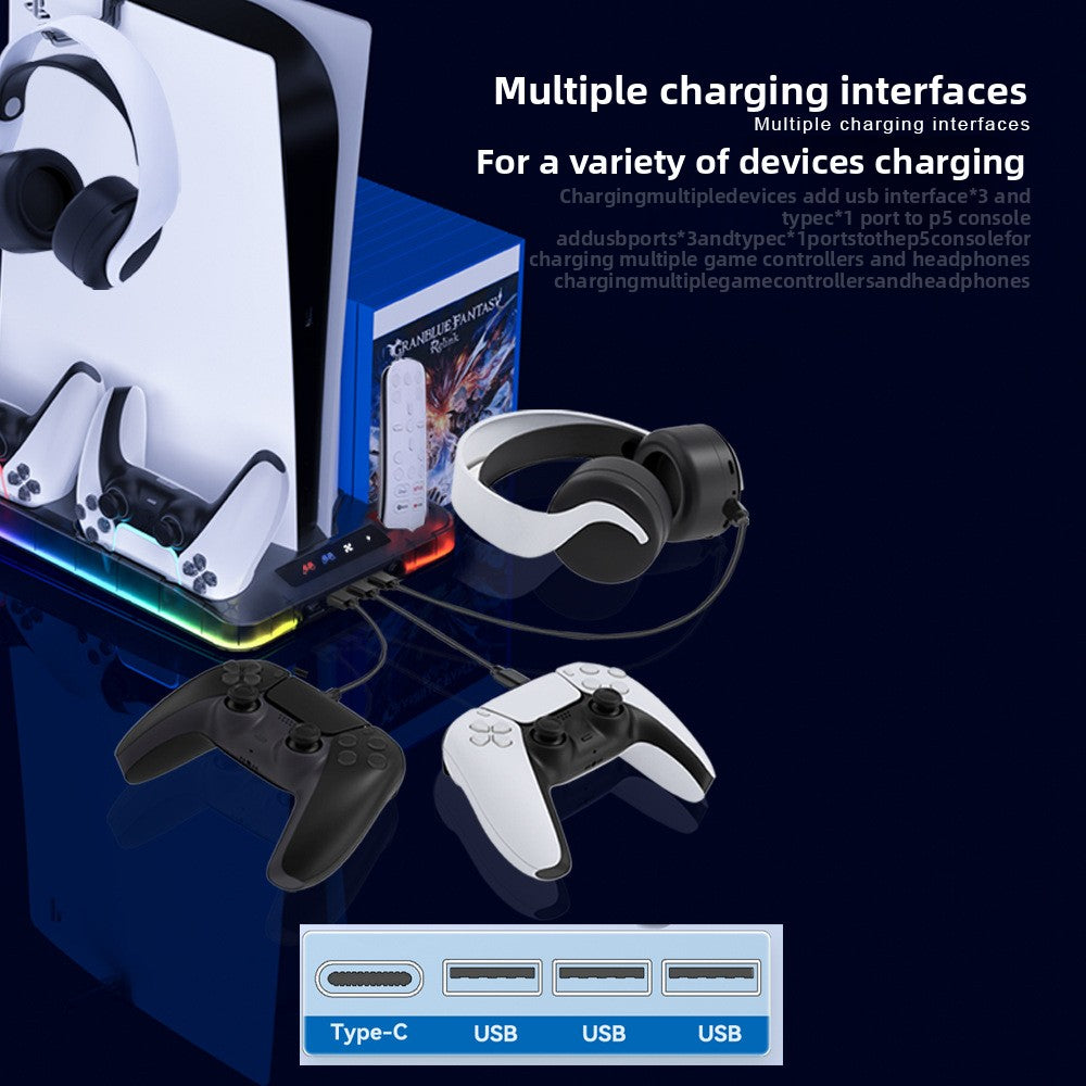 Gaming console with multiple charging interfaces for controllers and headphones on a dark background.