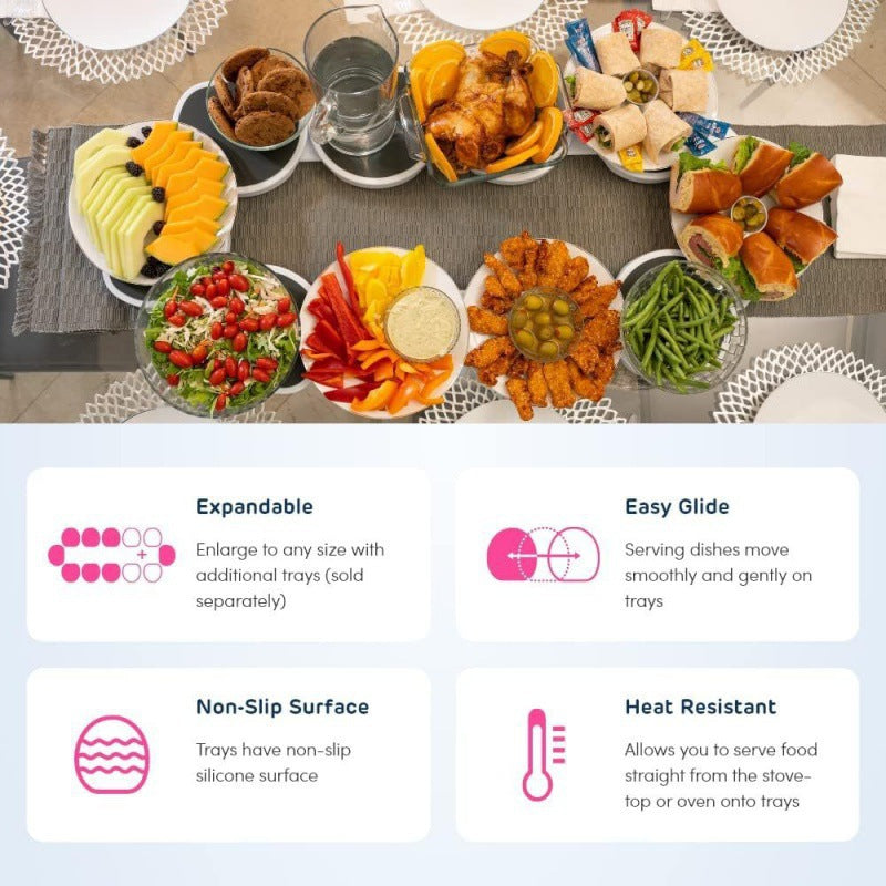Table with various dishes and a promotional graphic about tray features.