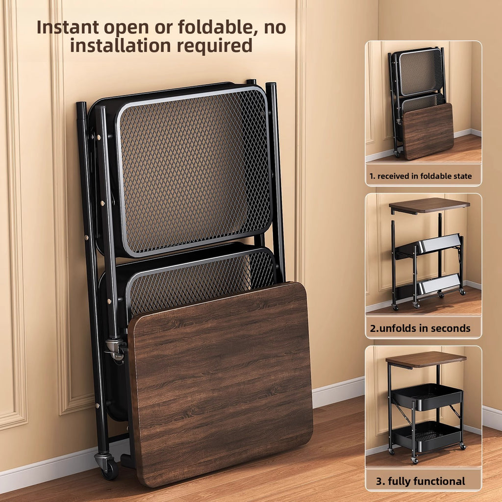 Foldable table with wooden surface and metal frame, shown in folded and unfolded states.