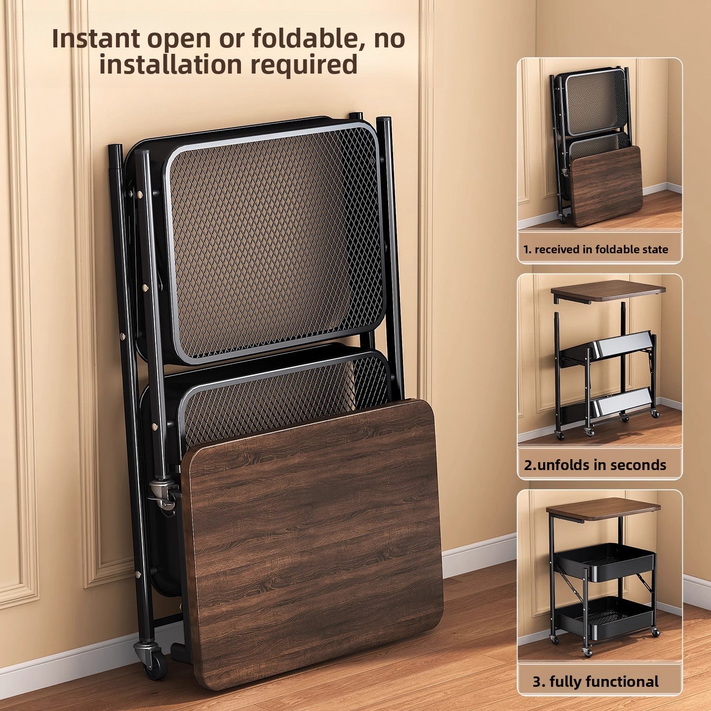 Foldable table with wooden surface and metal frame, shown in folded and unfolded states.