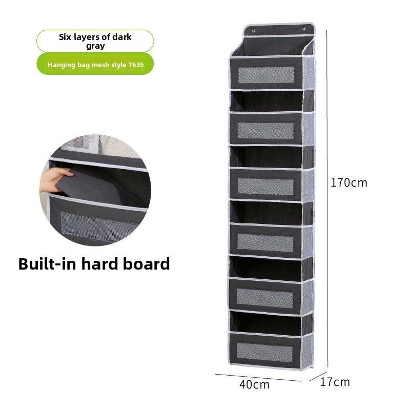 Dark gray hanging shoe organizer with six layers, built-in hard board, and dimensions displayed.