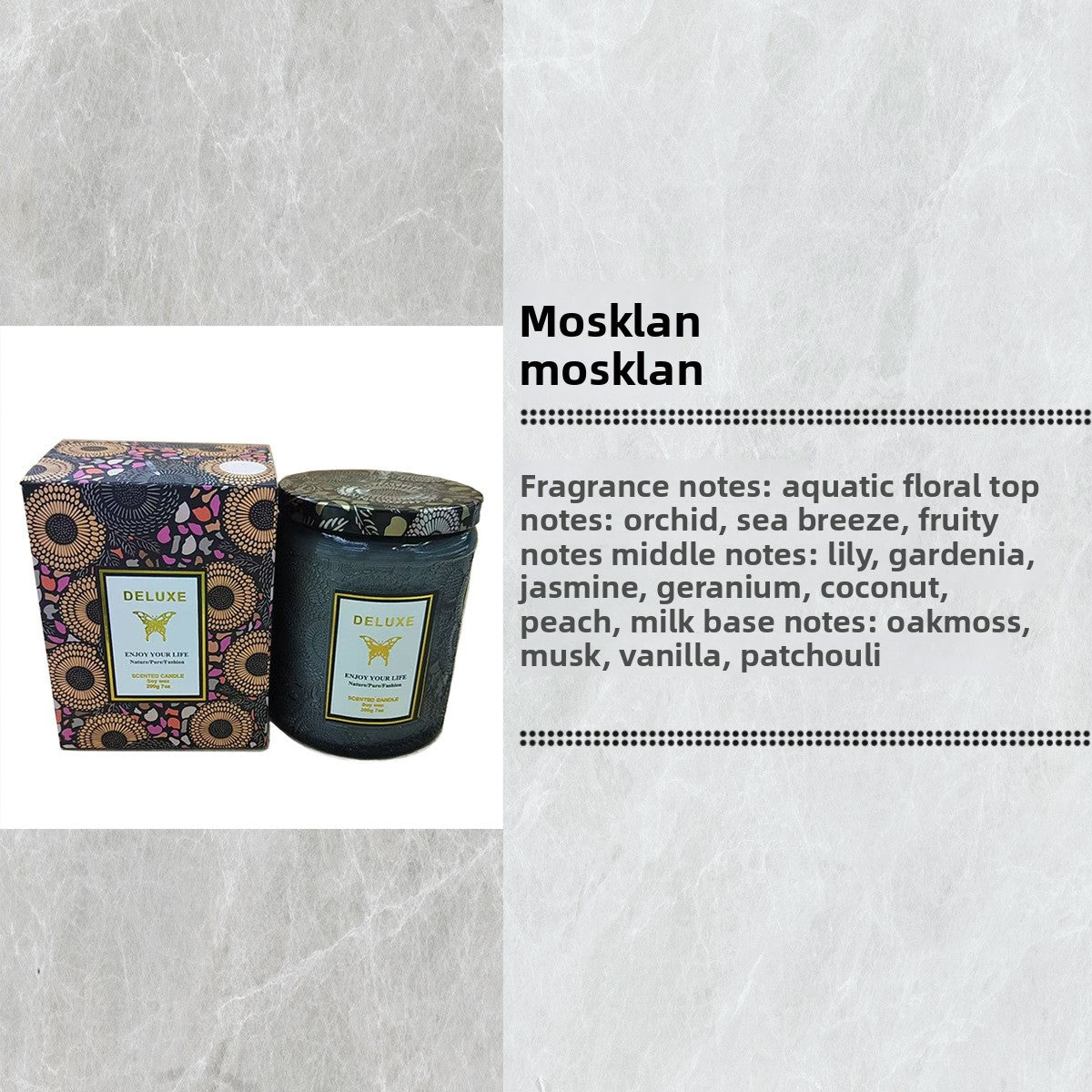 Candle with packaging and fragrance notes on a textured gray background