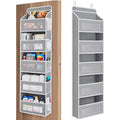 Over-the-door storage organizer with multiple shelves filled with items on a wooden door.