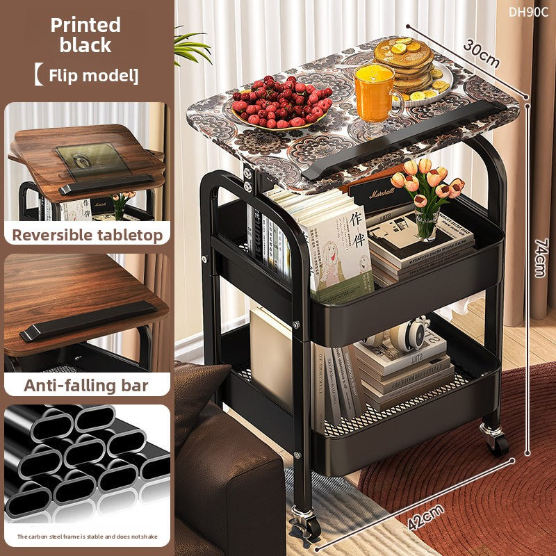 Multi-functional rolling cart with reversible tabletop and anti-falling bar, shown in a living room setting.