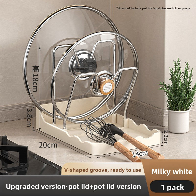 Milky white pot lid organizer with measurements and kitchen utensils on a neutral background