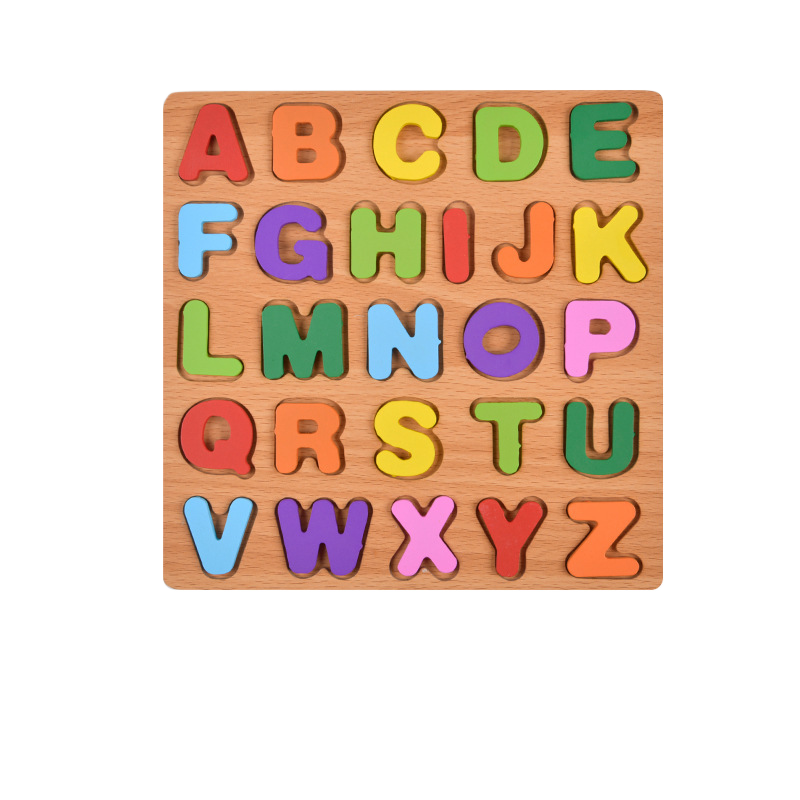 Wooden alphabet puzzle with colorful letters on a white background