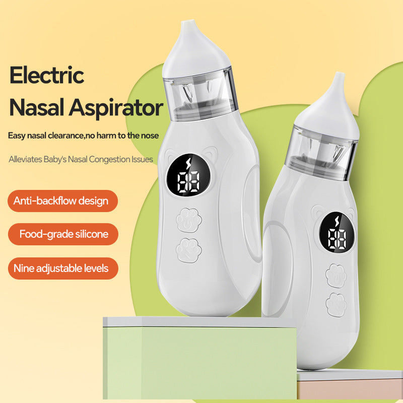 Electric nasal aspirator with digital display on a yellow and green background