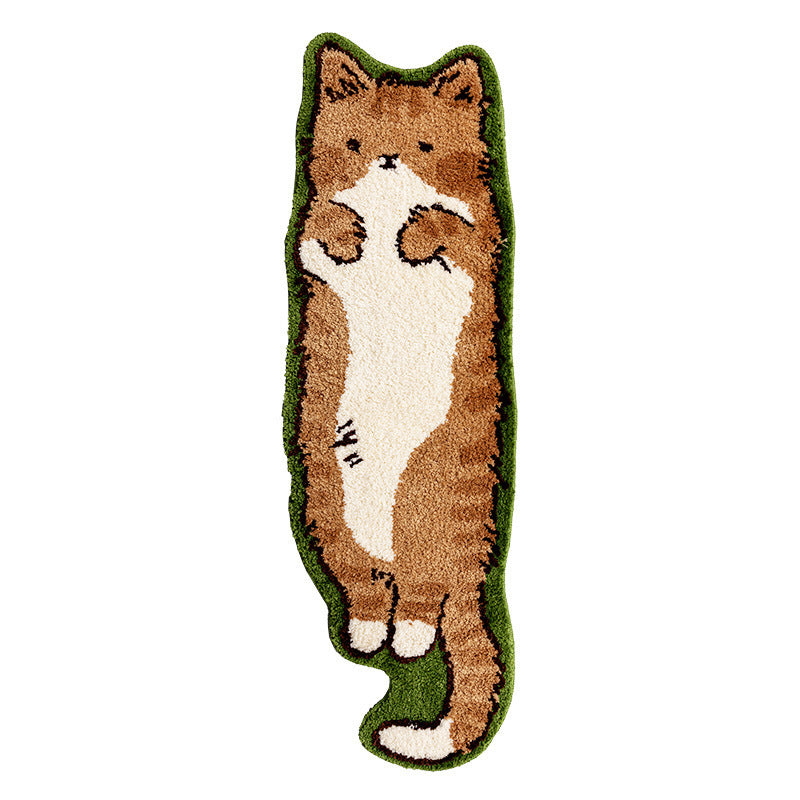 Cat-shaped doormat with brown and white design on a white background