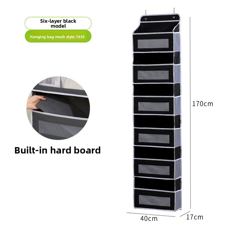Black hanging shoe organizer with six layers, showing dimensions and features on a white background.