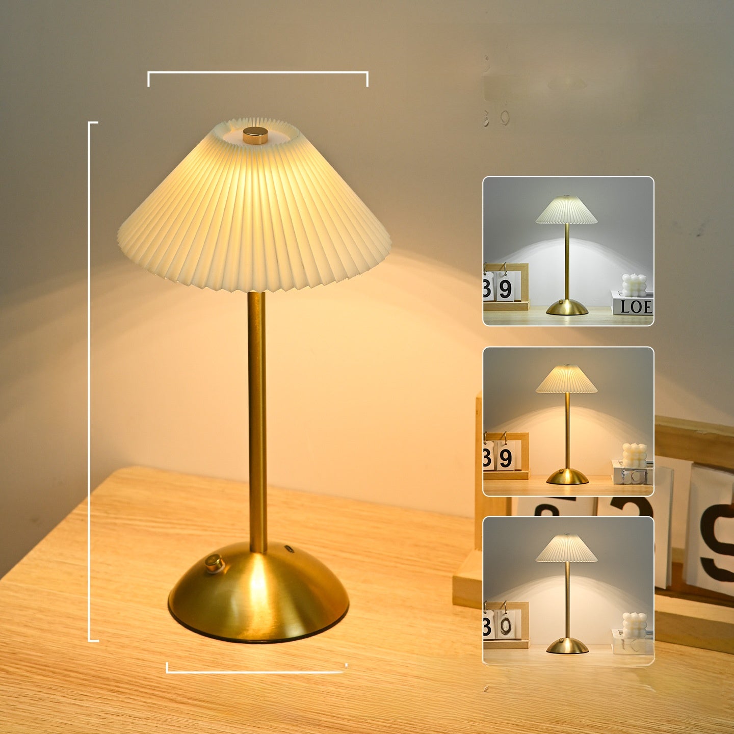 Gold table lamp with pleated white shade on a wooden surface, surrounded by smaller inset images.