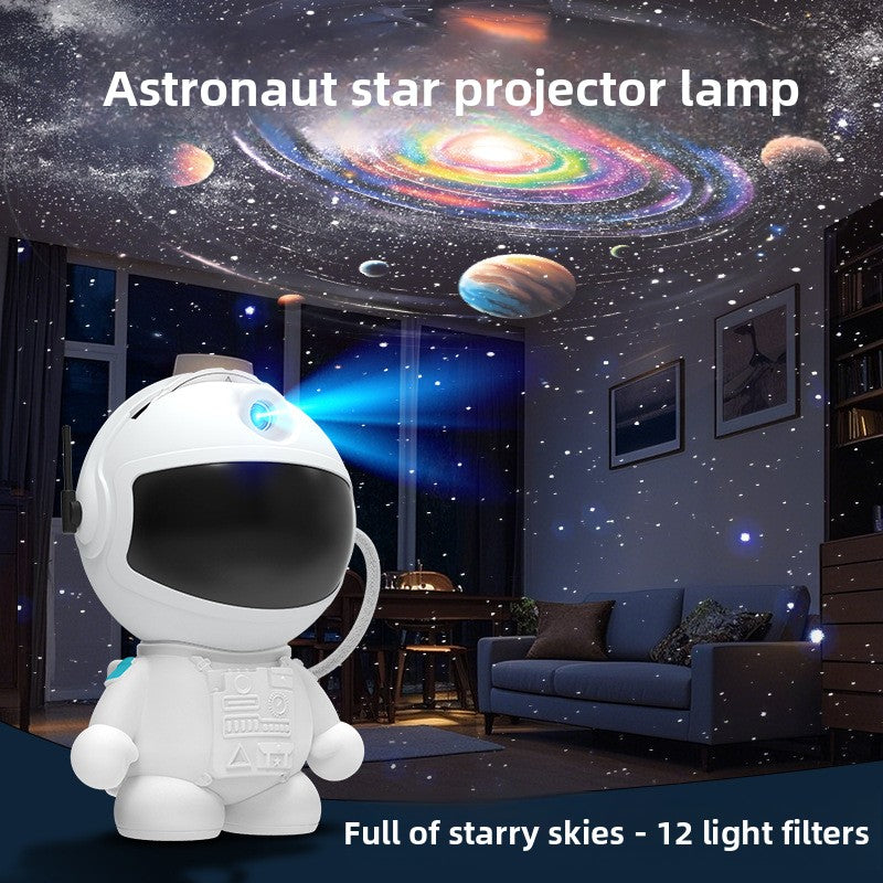 Astronaut star projector lamp in a room with starry sky projection
