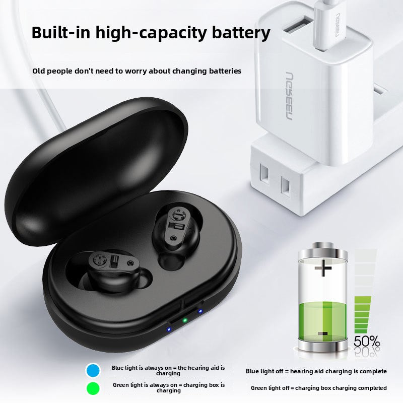 Black hearing aids in a charging case with battery indicator, charger, and text about high-capacity battery.
