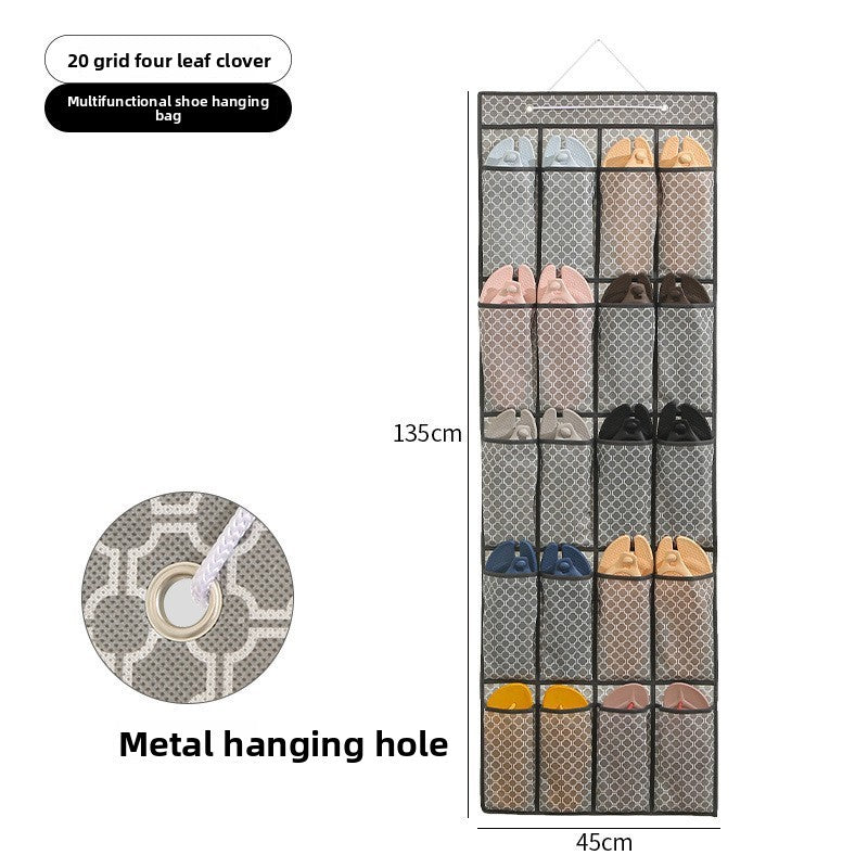Multifunctional shoe hanging bag with 20 grid compartments, metal hanging hole, and dimensions displayed.