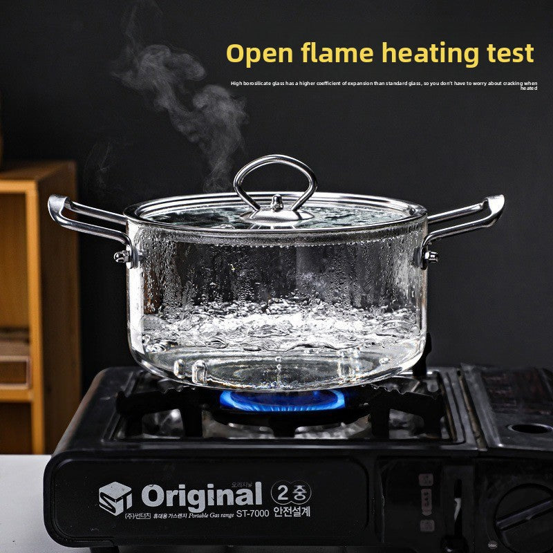 Glass pot on a portable stove with steam rising, labeled 'Open flame heating test'.