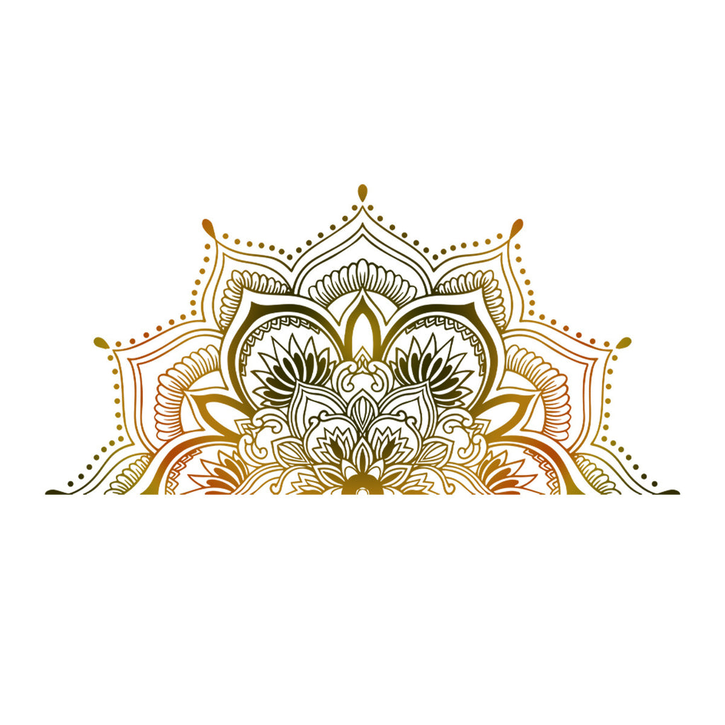 Decorative mandala design in gold and black on a white background