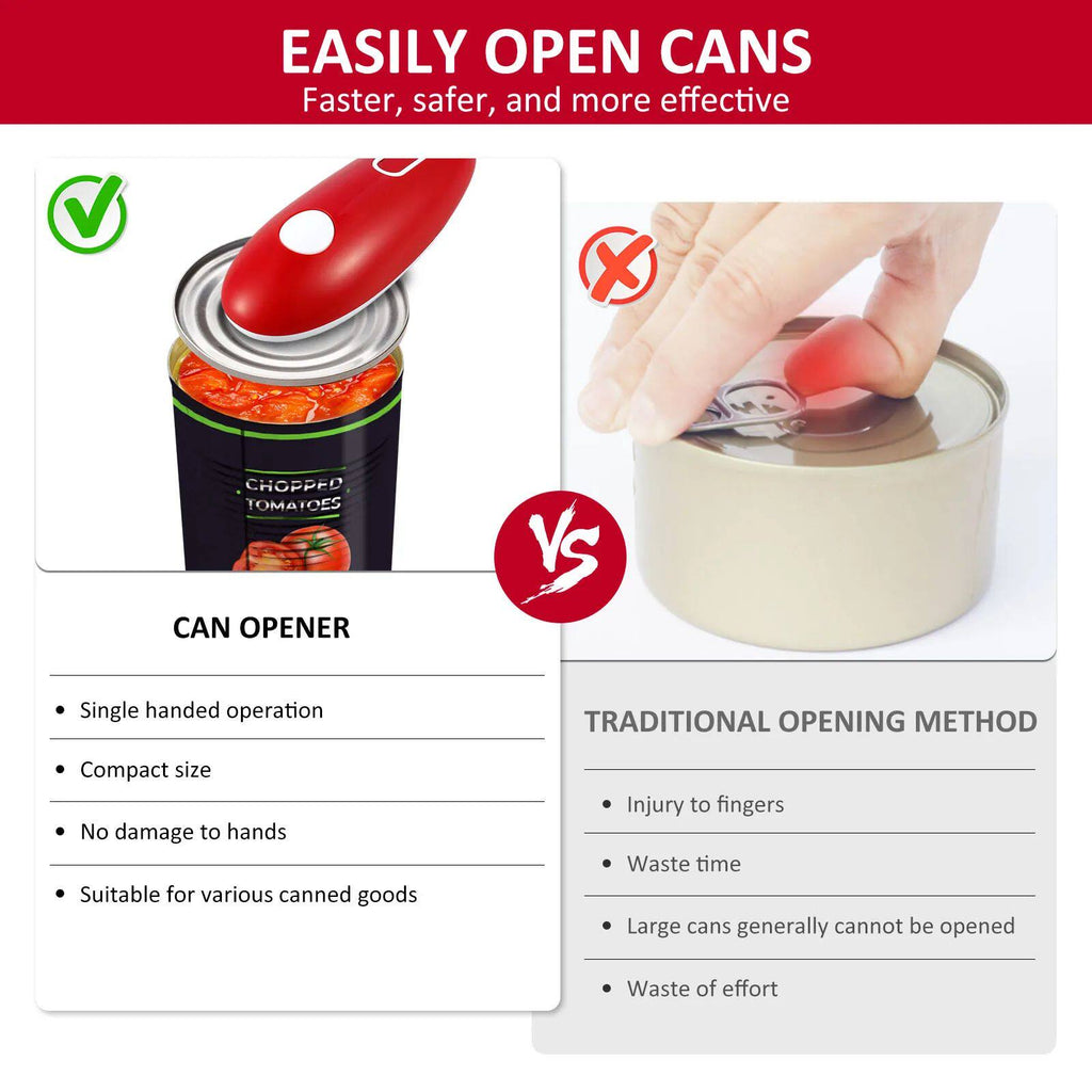 Can opener being used on a can with text highlighting its benefits compared to traditional opening methods.