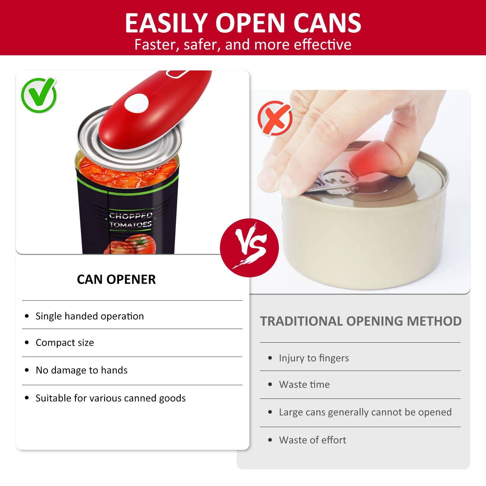 Can opener being used on a can with text highlighting its benefits compared to traditional opening methods.