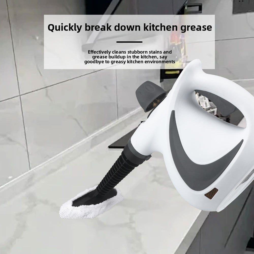 Cleaning device with text about breaking down kitchen grease in a kitchen setting