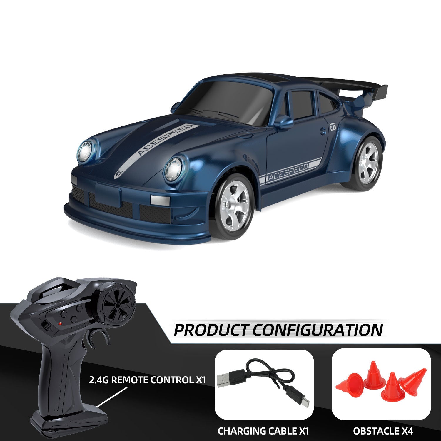 Blue toy car with remote control, charging cable, and obstacles on a white background