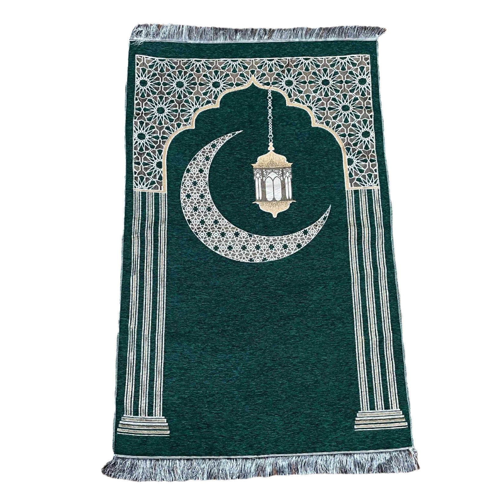 Green prayer mat with white crescent moon and lantern design on a white background