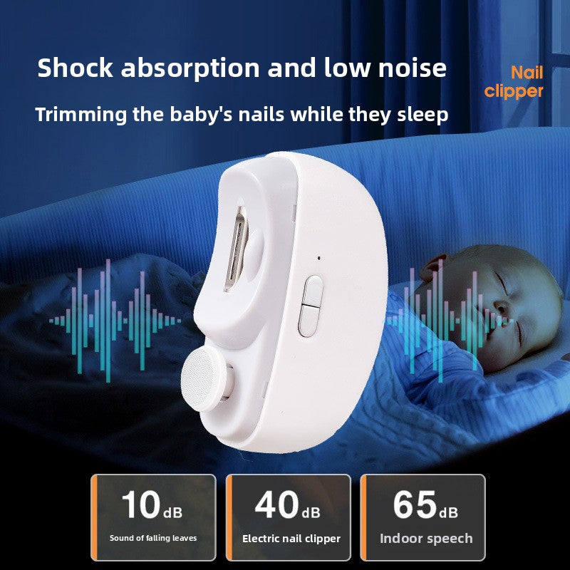 White nail clipper with sound level indicators on a blue background