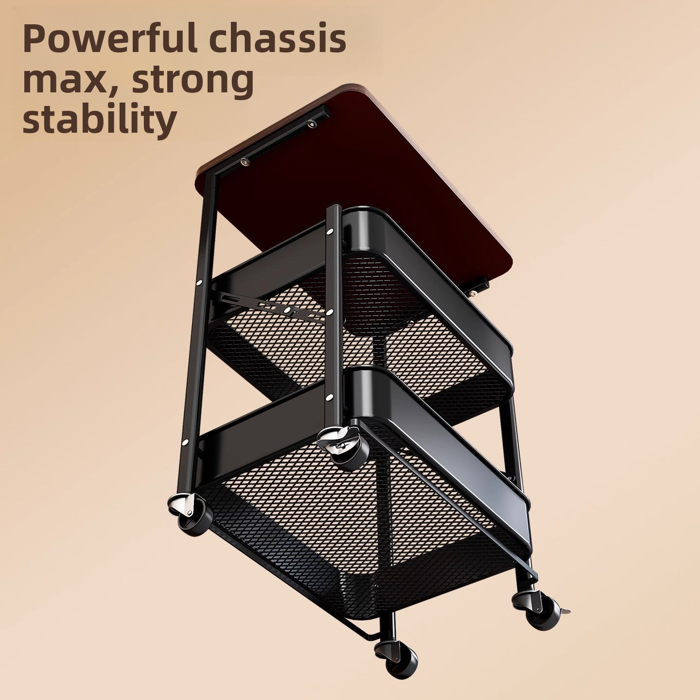 Black metal rolling cart with a brown top on a beige background, emphasizing stability and strength.