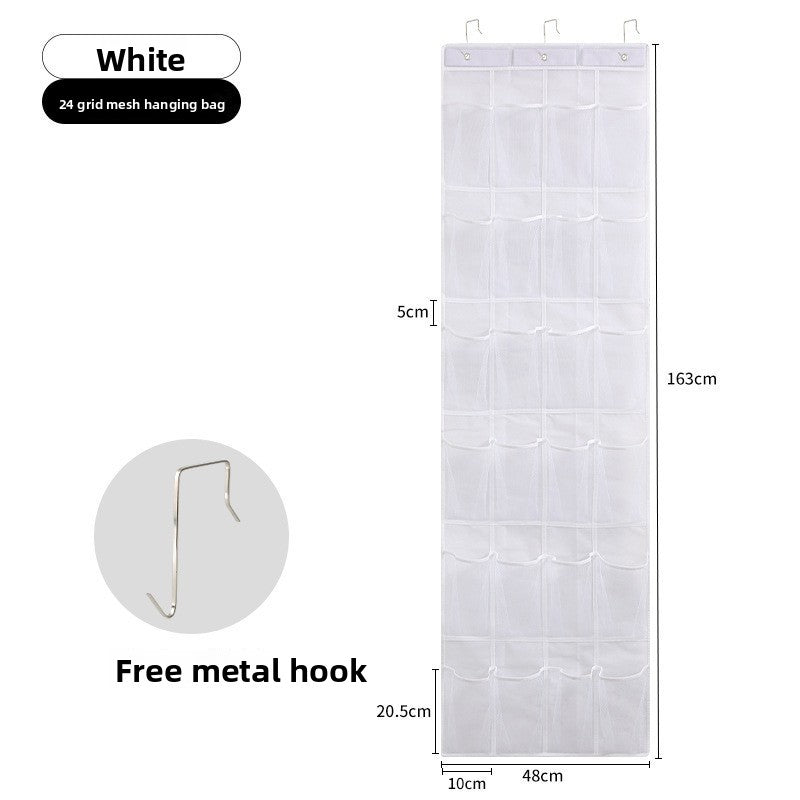 White grid mesh hanging bag with dimensions and free metal hook on a white background