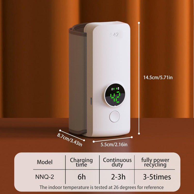 White electronic device with digital display on an orange background, showing dimensions and specifications.