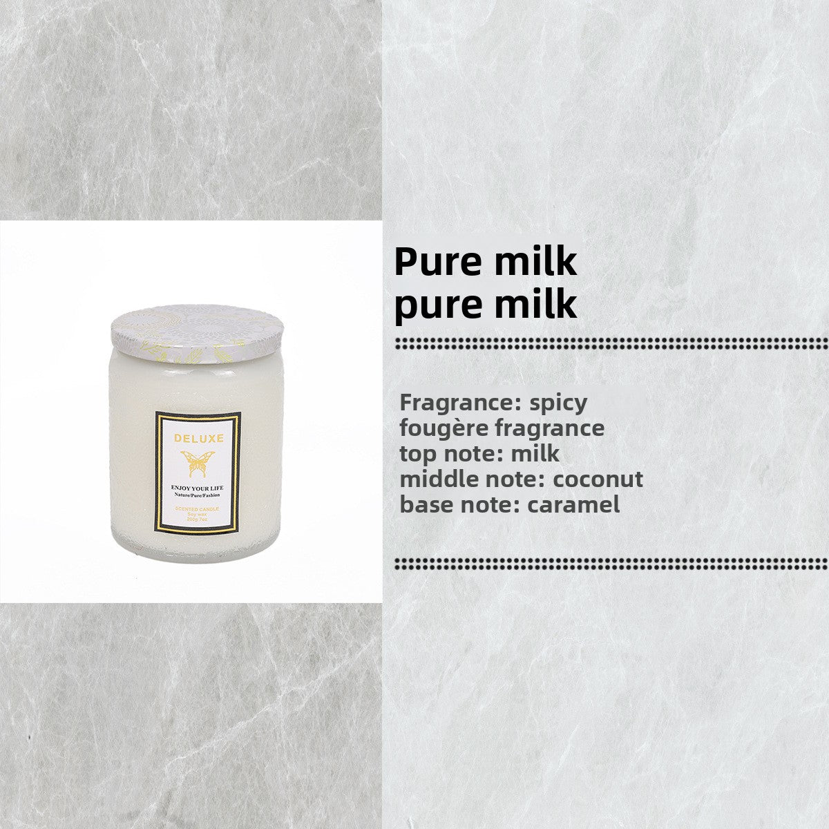 Candle labeled 'Pure milk' with fragrance description on a textured gray background