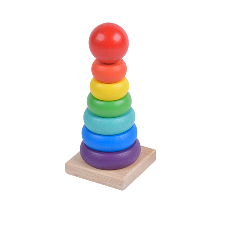 Colorful wooden stacking toy with rainbow-colored rings on a white background