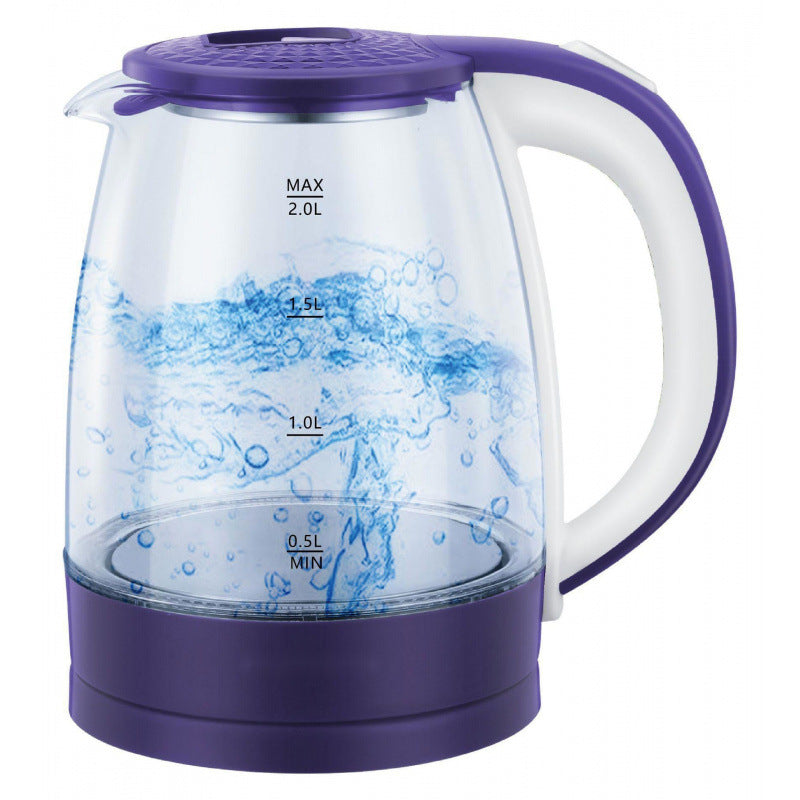 Glass electric kettle with purple base and handle on a white background