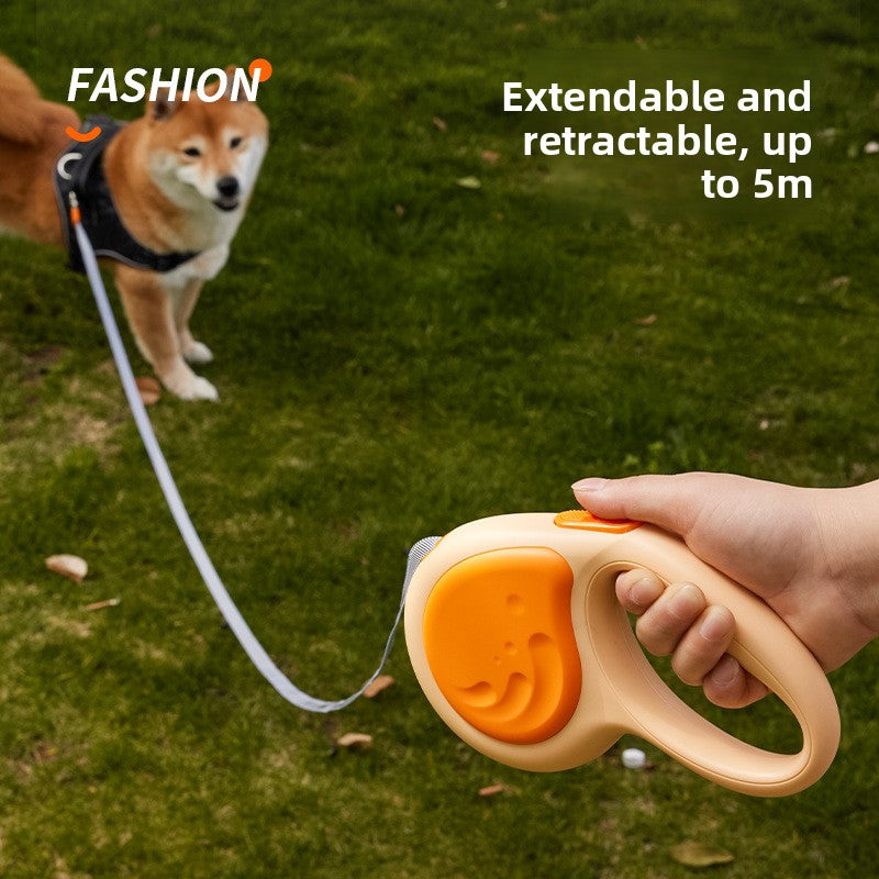 Dog leash with extendable and retractable feature, held by a hand, with a dog in the background on grass.