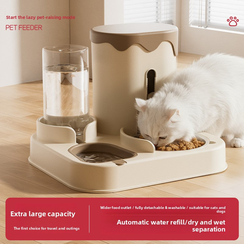 Pet feeder with water dispenser and food bowl on a wooden floor, featuring a white cat.