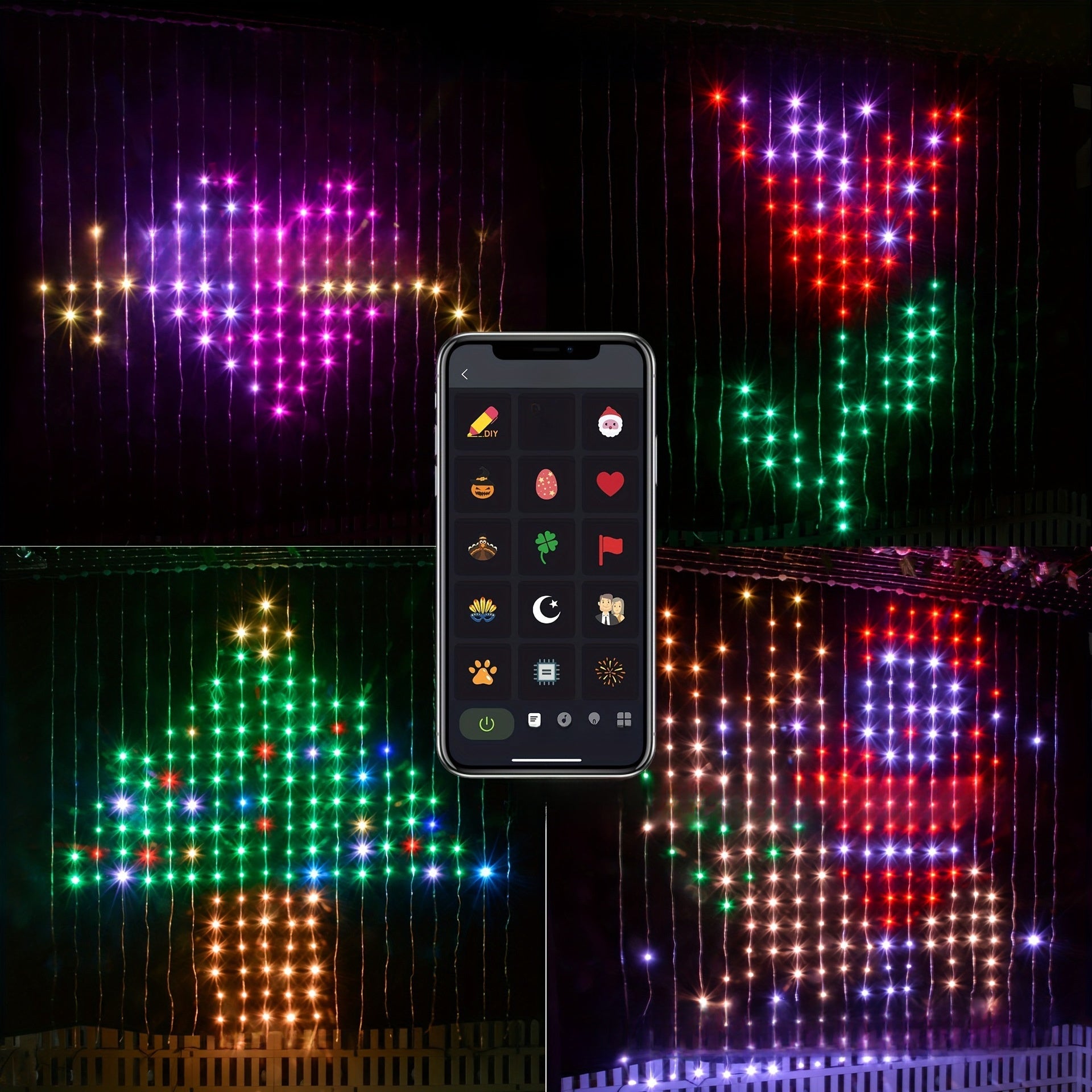 Phone app interface with LED light patterns including a heart, tree, and reindeer on a dark background.