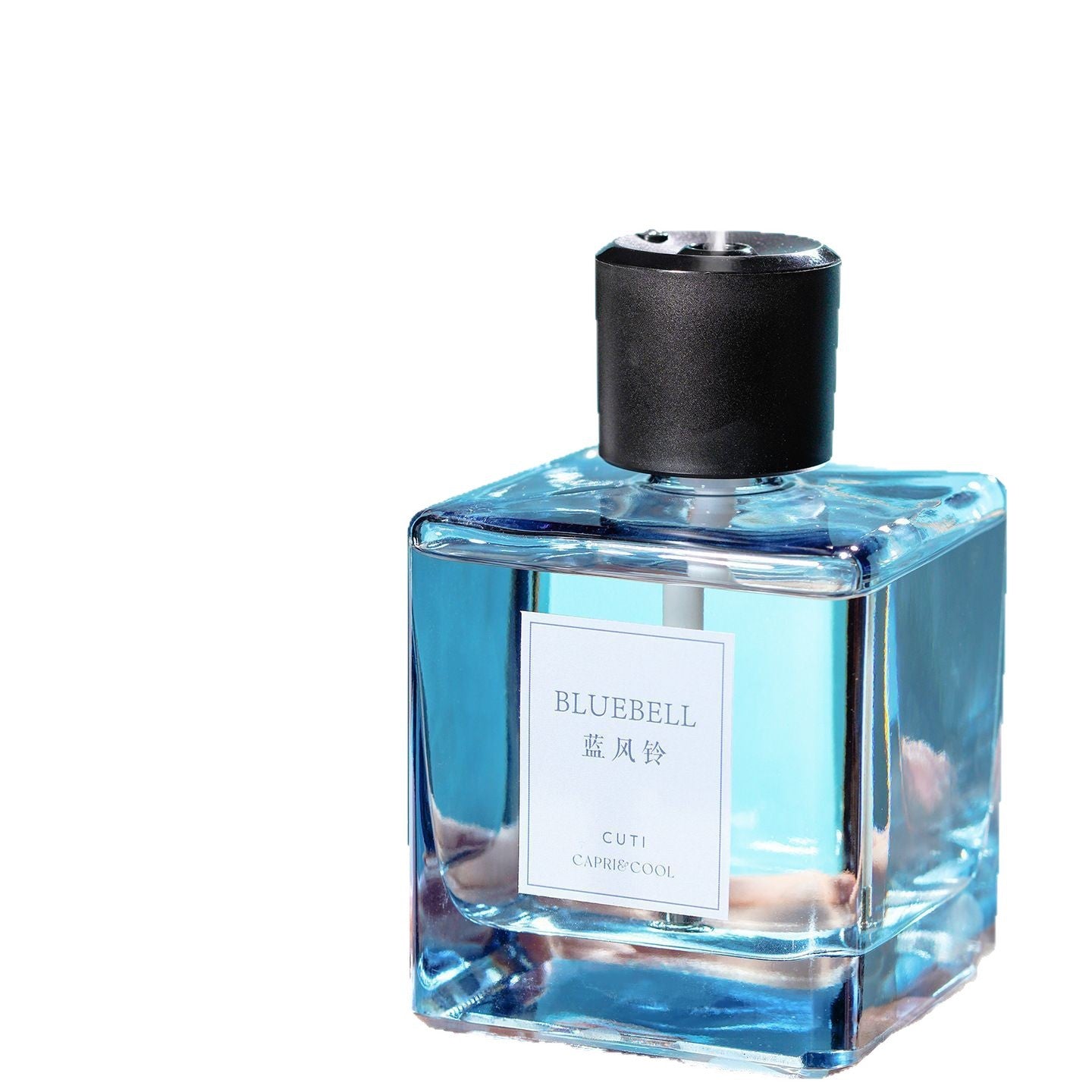 Bluebell perfume bottle with black cap on a white background