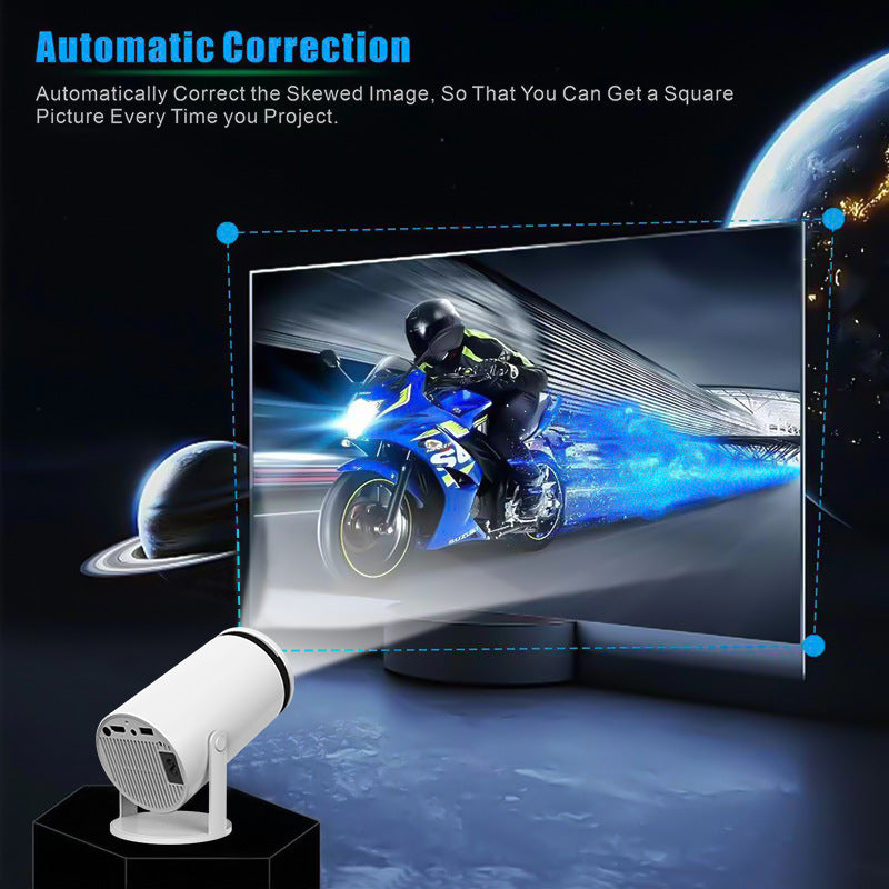 Projector displaying a motorcycle on a screen with automatic correction feature highlighted by the projector.