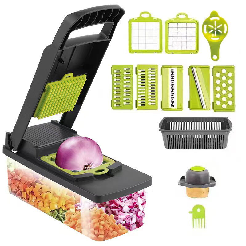 Multifunctional kitchen slicer with various attachments on a white background