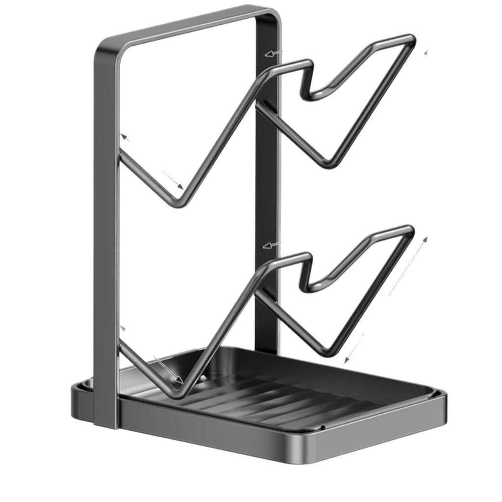 Black metal bottle holder with a tray on a white background