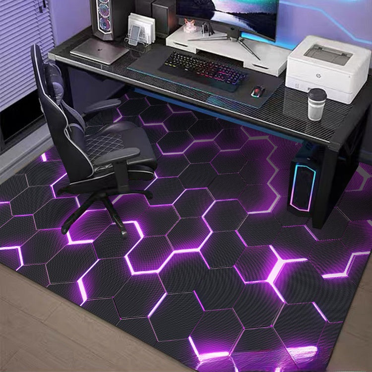 Gaming setup with a desk, chair, and computer equipment on a futuristic floor.