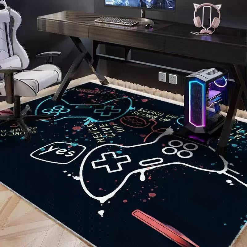 Gaming setup with a desk, chair, and colorful gaming rug featuring game controller designs.
