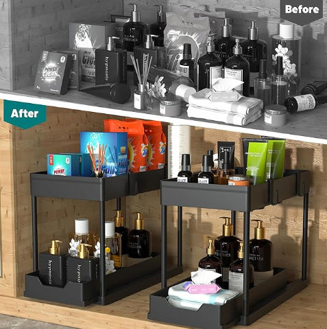 Before and after comparison of a shelf with organized and disorganized products.