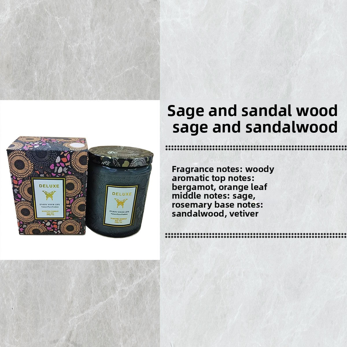 Candle with packaging and fragrance notes on a textured gray background