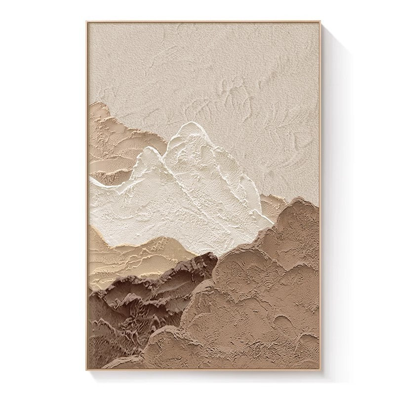 Textured wall art with mountain landscape design on a beige background
